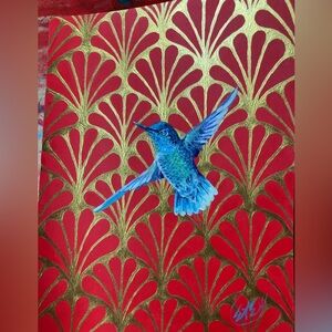Original painting hummingbird bird art deco realism contemporary Artettina USA